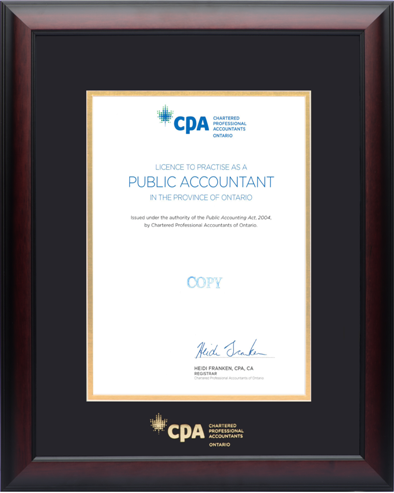 12x15 Satin mahogany wood frame with double mat board & gold embossed CPA logo (BLK/GLD) for 8.5x11 CPA-ON Public Accountant License to practice